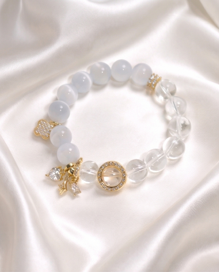AURIN | White Cat Eye & Clear Quartz Bracelet for Sharp Focus