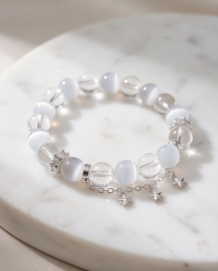 AERIS | White Cat Eye & Clear Quartz Bracelet for Mental Space