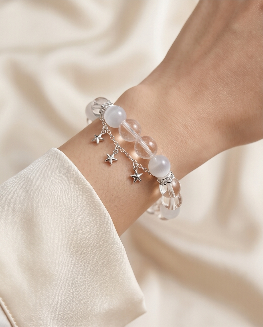 AERIS | White Cat Eye & Clear Quartz Bracelet for Mental Space