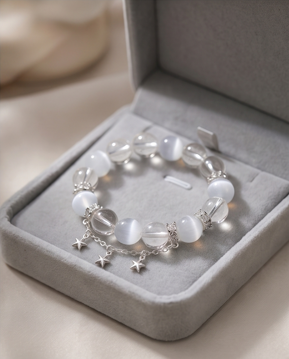 AERIS | White Cat Eye & Clear Quartz Bracelet for Mental Space
