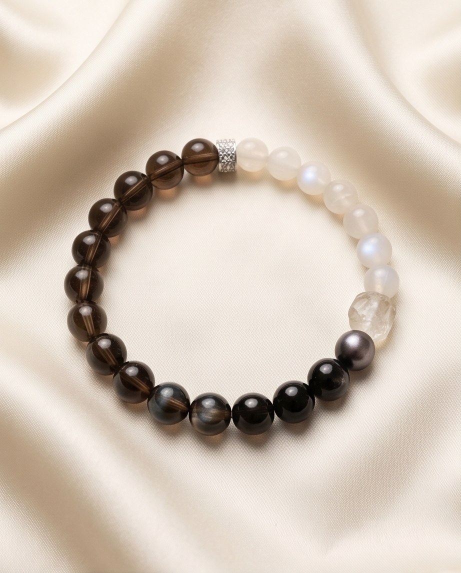SELENE | Silver Obsidian, Smoky Quartz & Moonstone Bracelet for Inner Balance