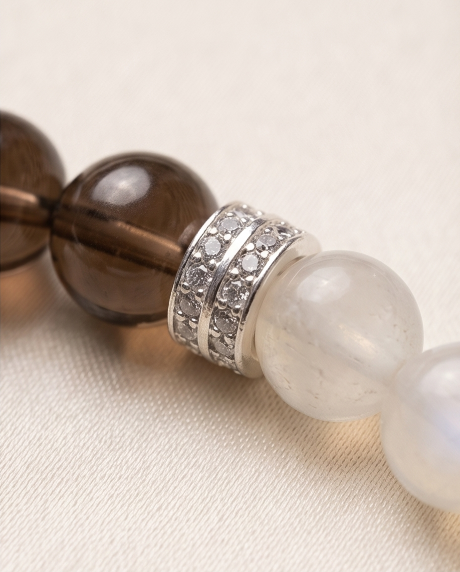 SELENE | Silver Obsidian, Smoky Quartz & Moonstone Bracelet for Inner Balance