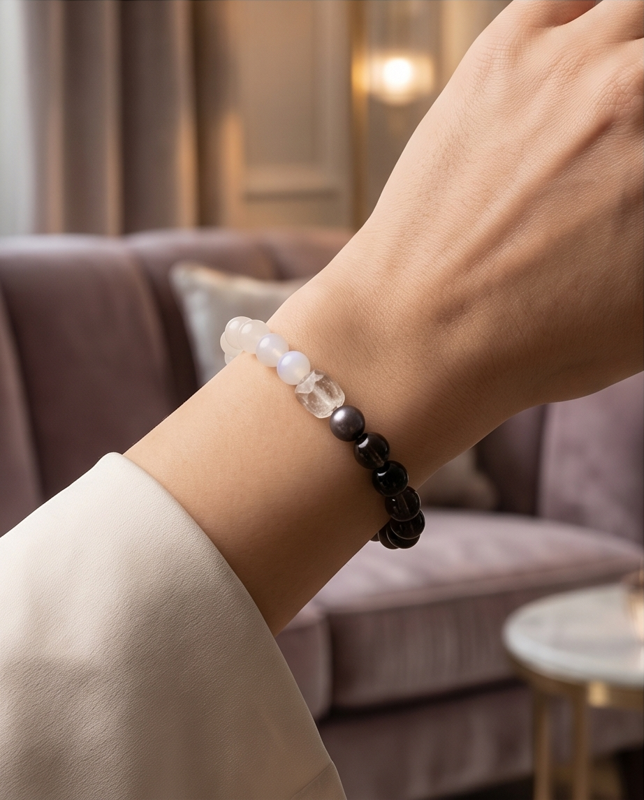 SELENE | Silver Obsidian, Smoky Quartz & Moonstone Bracelet for Inner Balance
