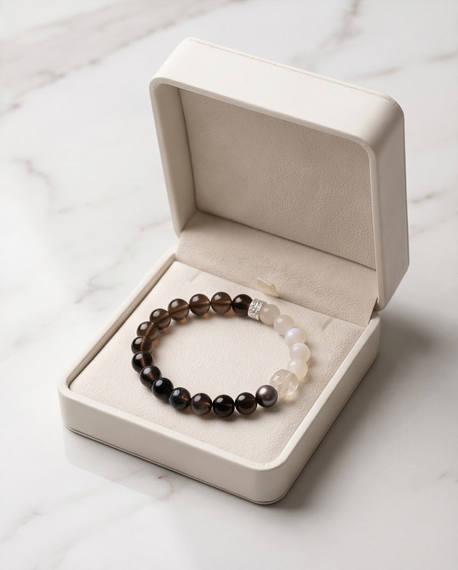 SELENE | Silver Obsidian, Smoky Quartz & Moonstone Bracelet for Inner Balance
